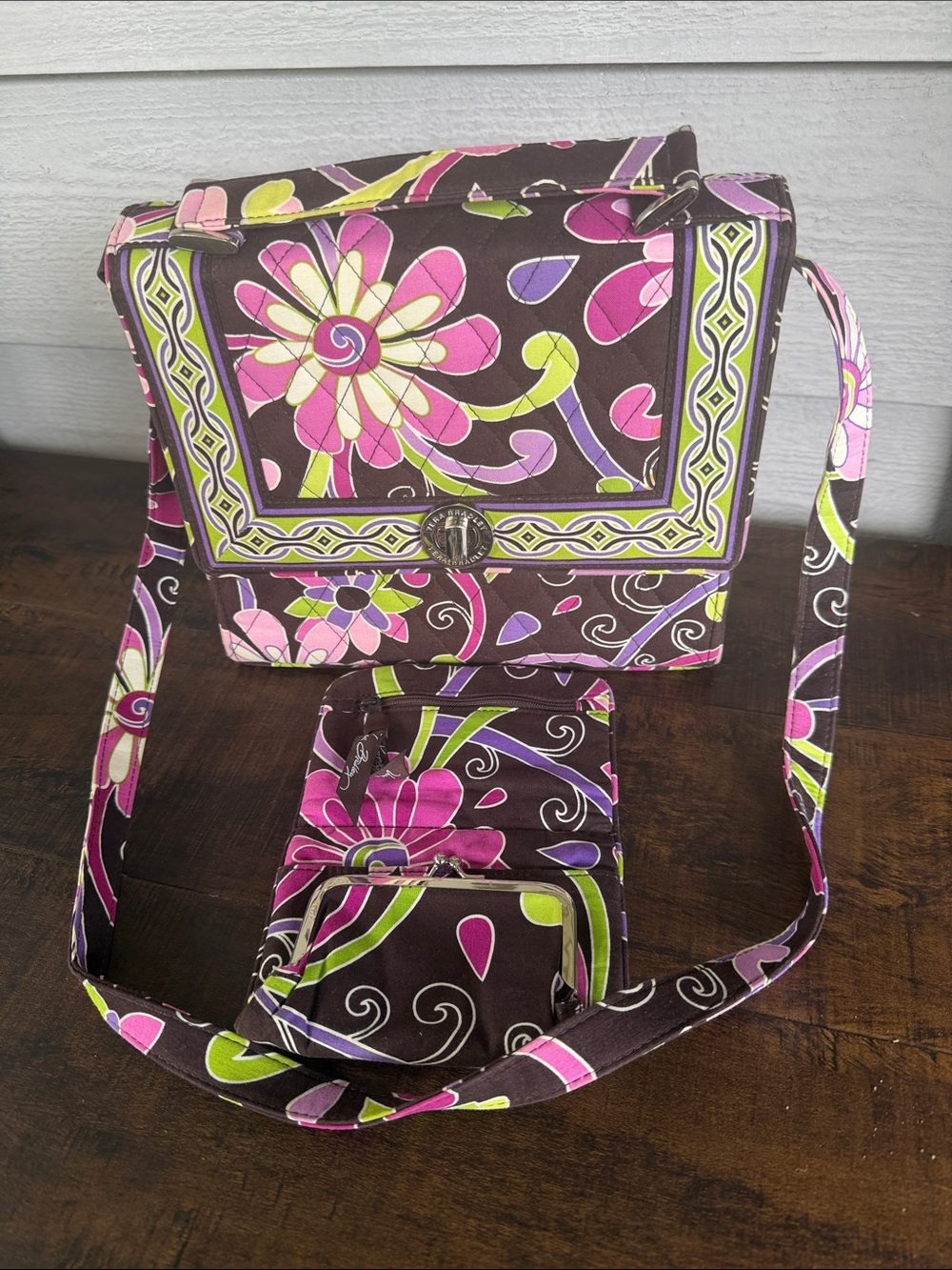 Vera Bradley Chocolate Floral Crossbody with wallet Pink, Lime & Purple Accents